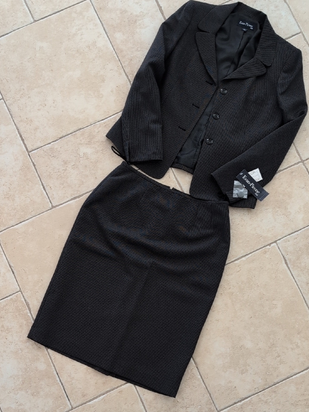 Vintage Evan Picone Black Pinstripe Skirt and Jacket Set